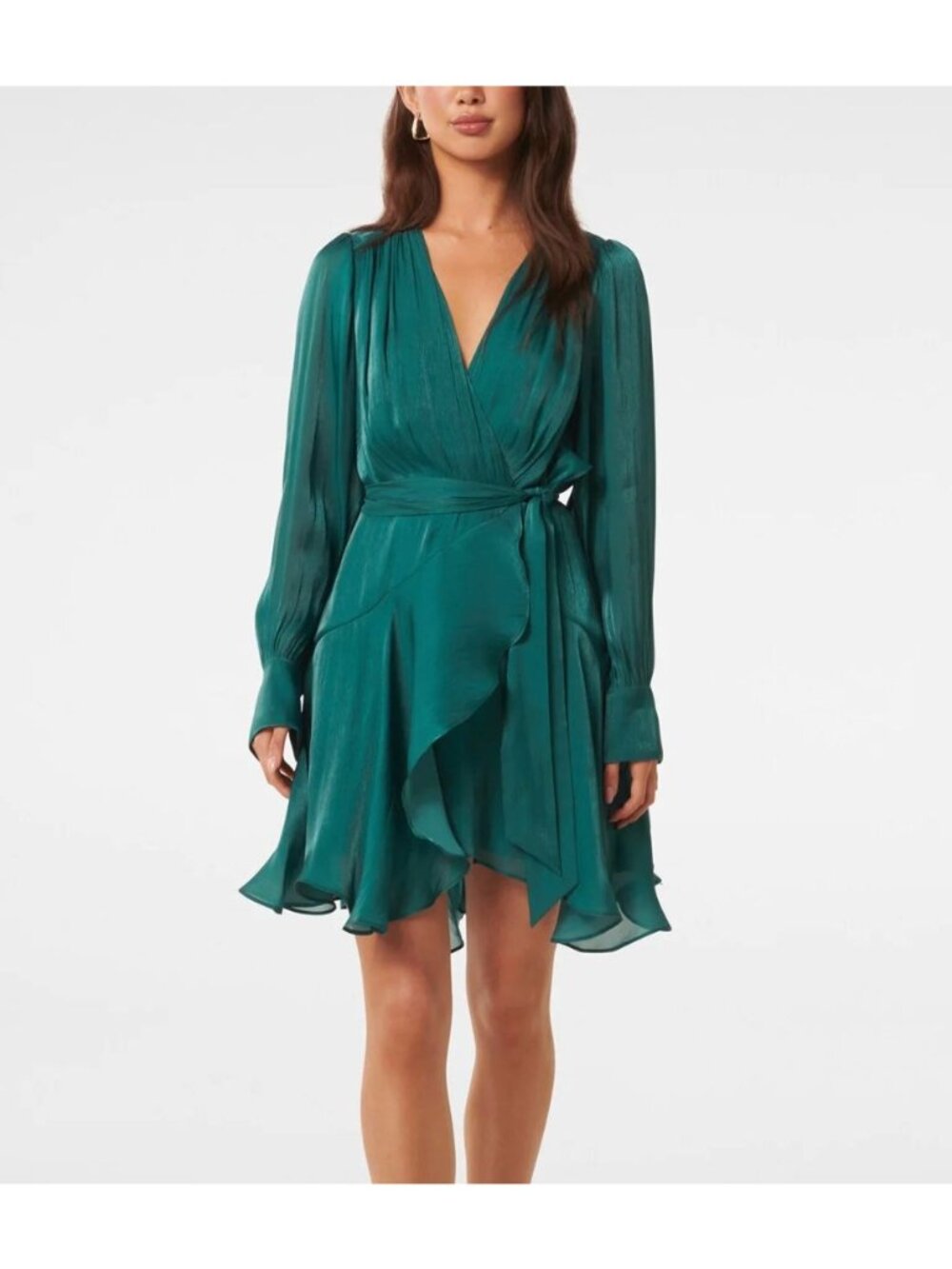 Ever New  Myra Metallic Wrap Mini Dress Mysterious Green Size 2 Long Sleeve